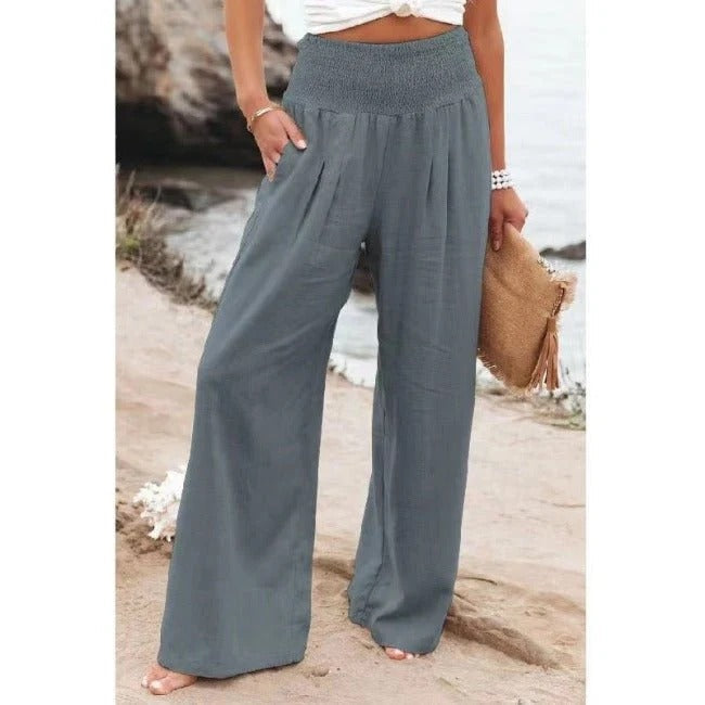 Pantaloni a Gamba Larga Vita Alta Donna in Misto Cotone Traspirante