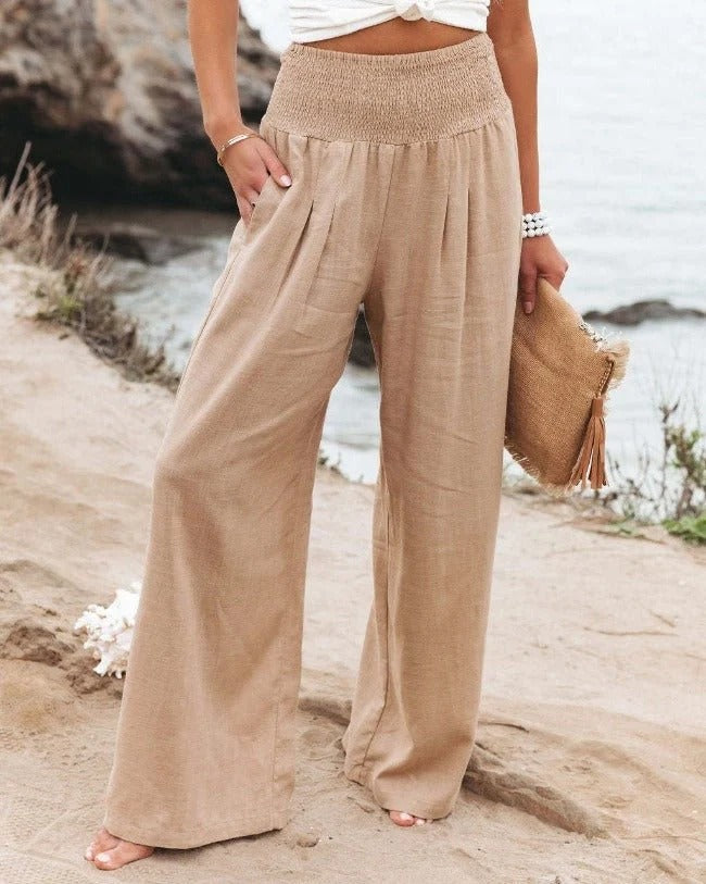 Pantaloni a Gamba Larga Vita Alta Donna in Misto Cotone Traspirante