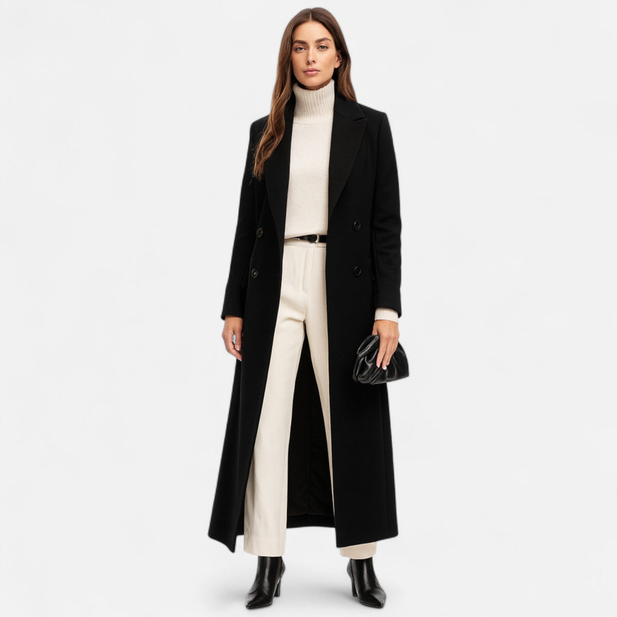 Cappotto Lungo Nero Donna – Taglio Elegante con Collo a Risvolto e Bottoni Chic