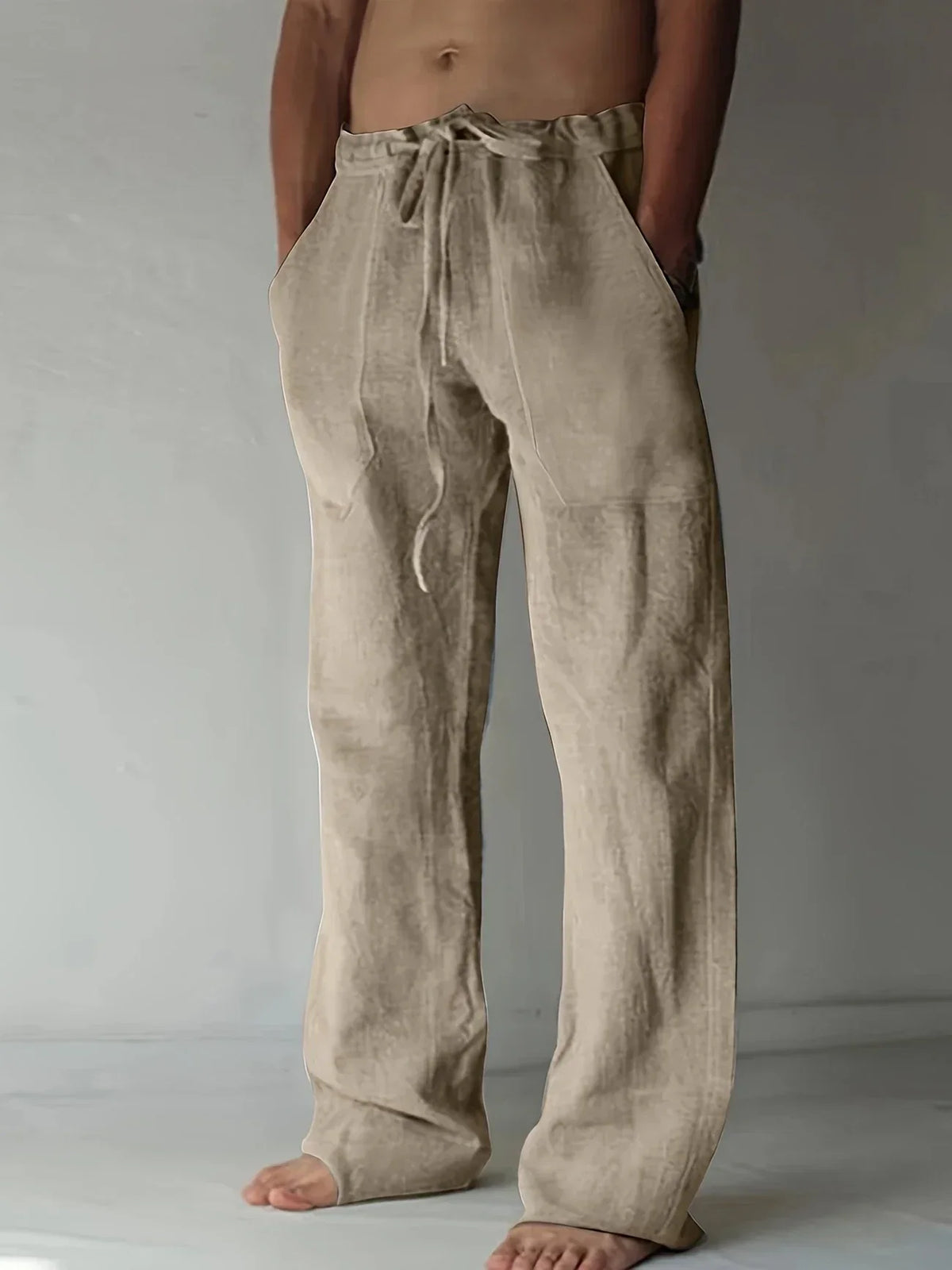 Pantaloni in Lino a Gamba Larga con Coulisse Uomo