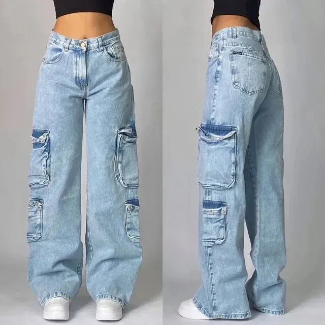 Jeans Cargo Baggy Donna in Denim 100% Cotone