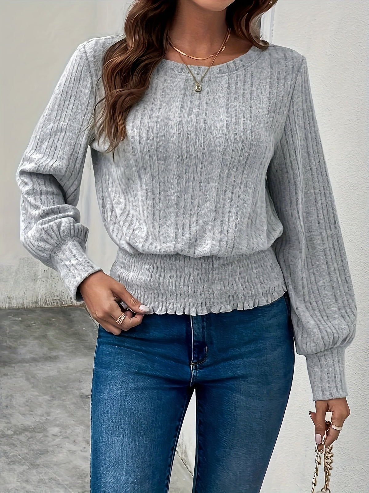 Top Donna Maniche Lunghe a Costine con Orlo Arricciato – Stile Femminile