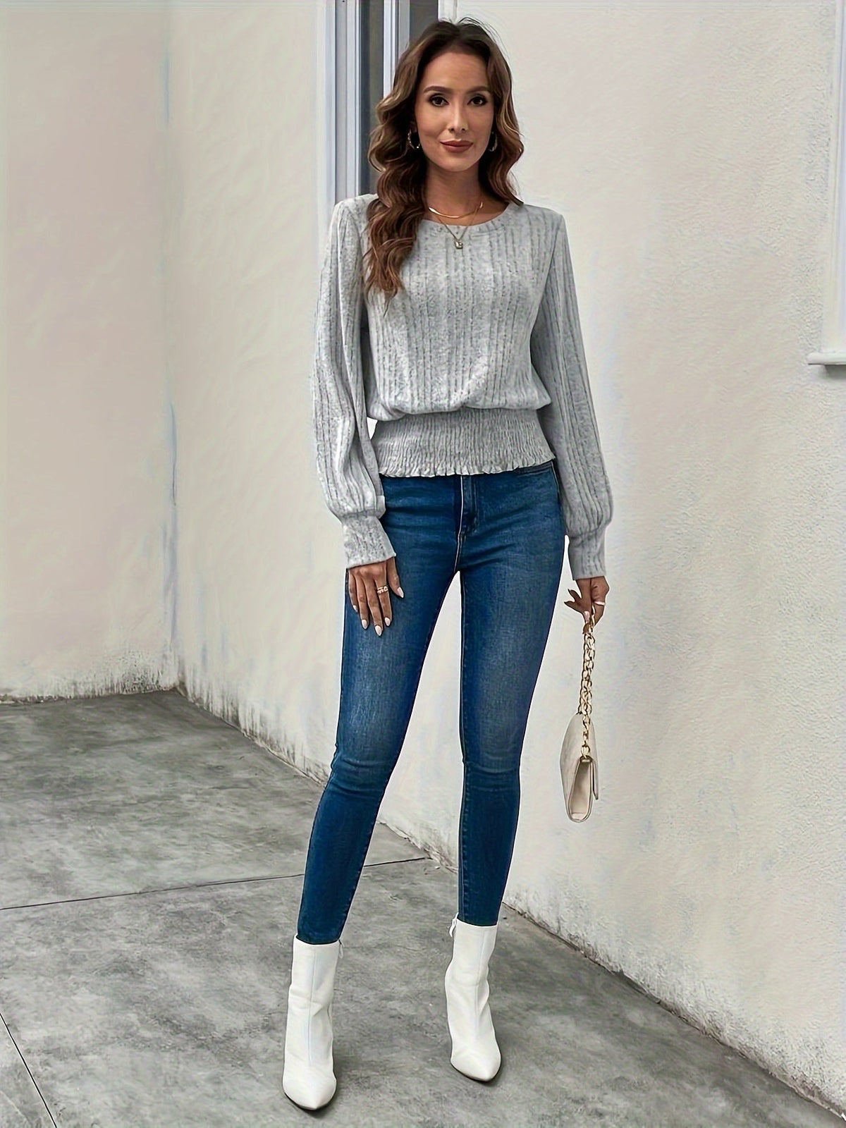 Top Donna Maniche Lunghe a Costine con Orlo Arricciato – Stile Femminile