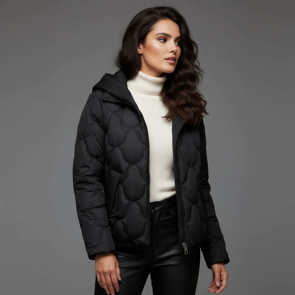 Piumino Corto Donna Elegante Trapuntato con Cappuccio e Zip