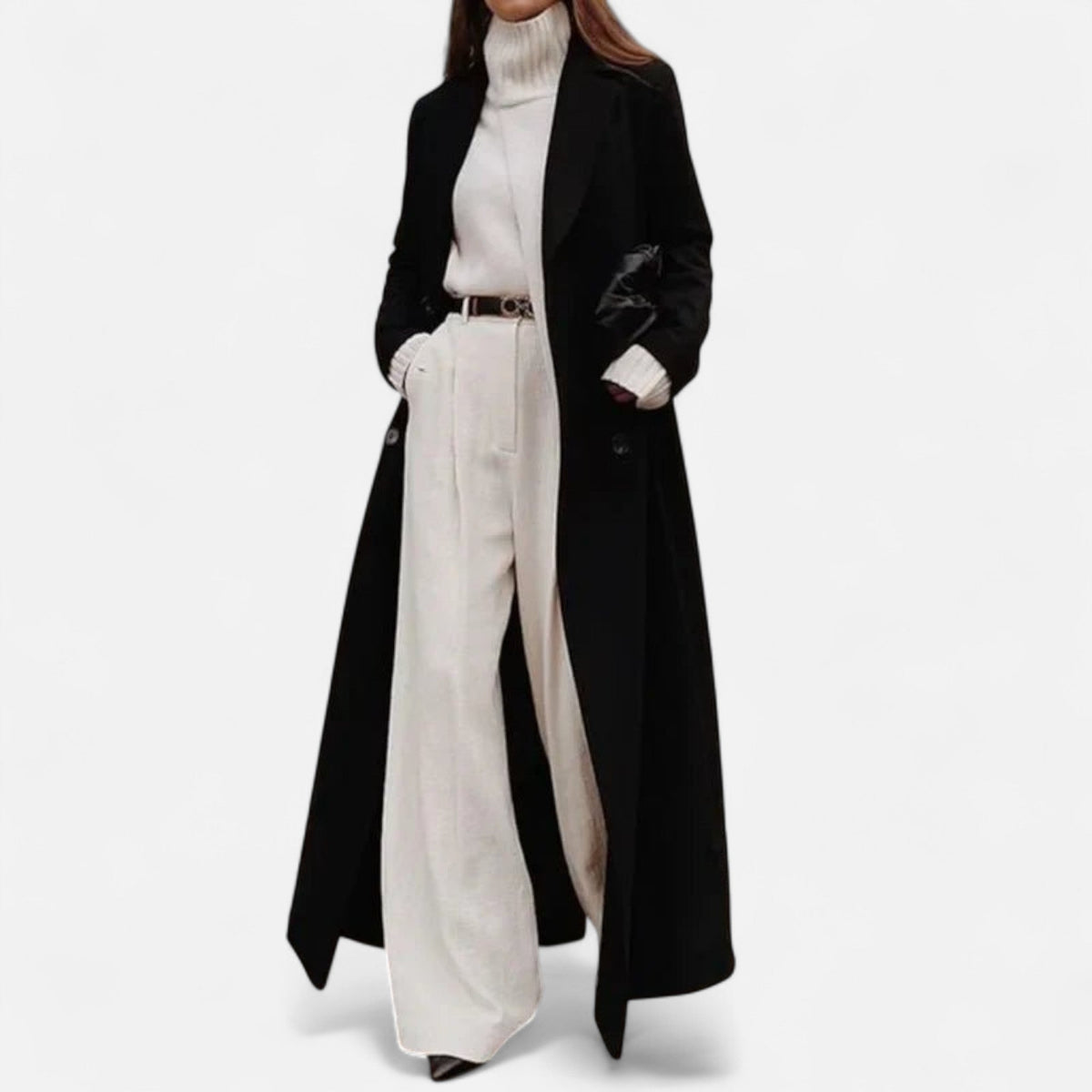 Cappotto Lungo Nero Donna – Taglio Elegante con Collo a Risvolto e Bottoni Chic