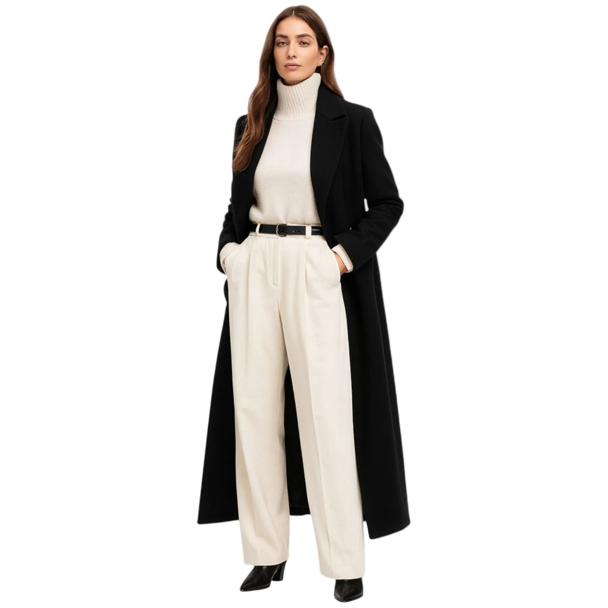 Cappotto Lungo Nero Donna – Taglio Elegante con Collo a Risvolto e Bottoni Chic