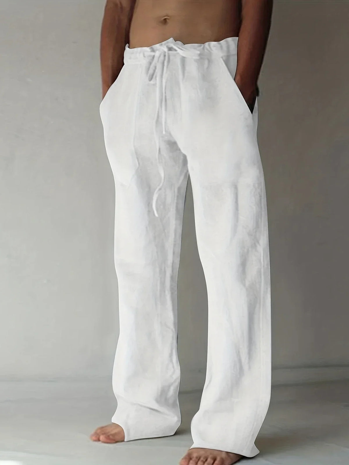 Pantaloni in Lino a Gamba Larga con Coulisse Uomo