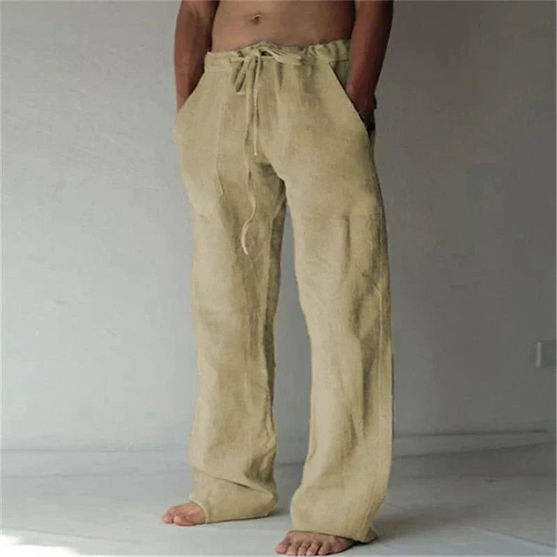 Pantaloni in Lino a Gamba Larga con Coulisse Uomo