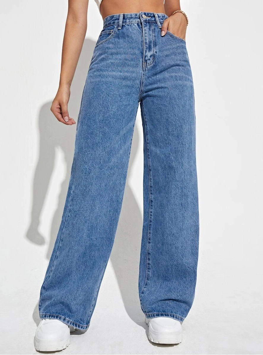 Pantaloni Denim a Gamba Larga Donna a Vita Alta