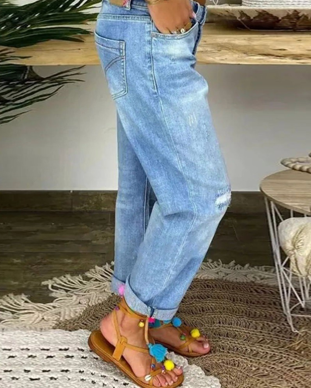 Jeans Donna a Gamba Dritta Vita Alta Distressed