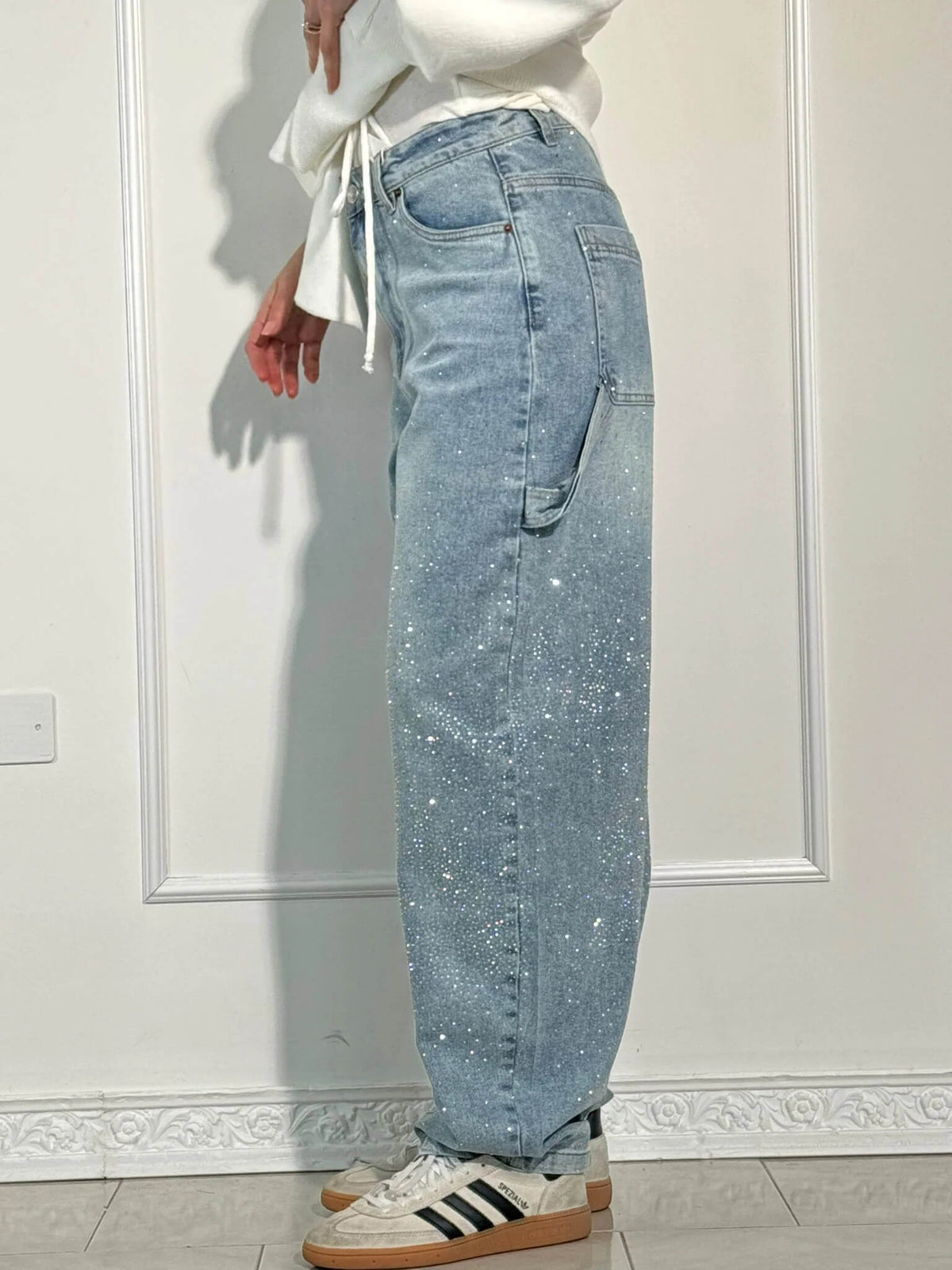 Jeans a Gamba Larga Donna con Dettagli Diamanté