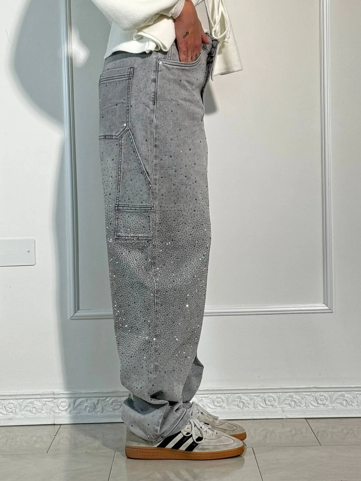 Jeans a Gamba Larga Donna con Dettagli Diamanté
