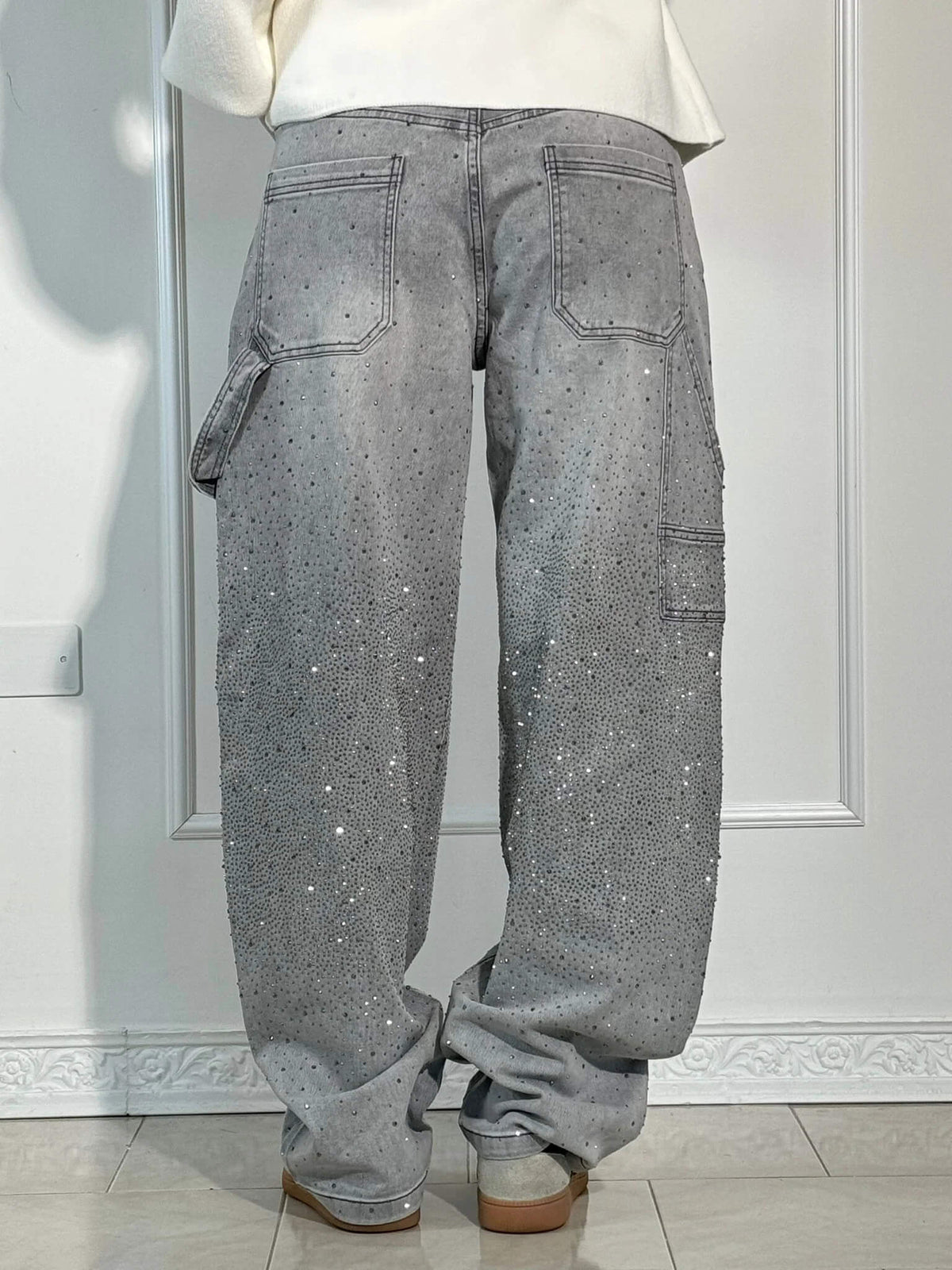 Jeans a Gamba Larga Donna con Dettagli Diamanté