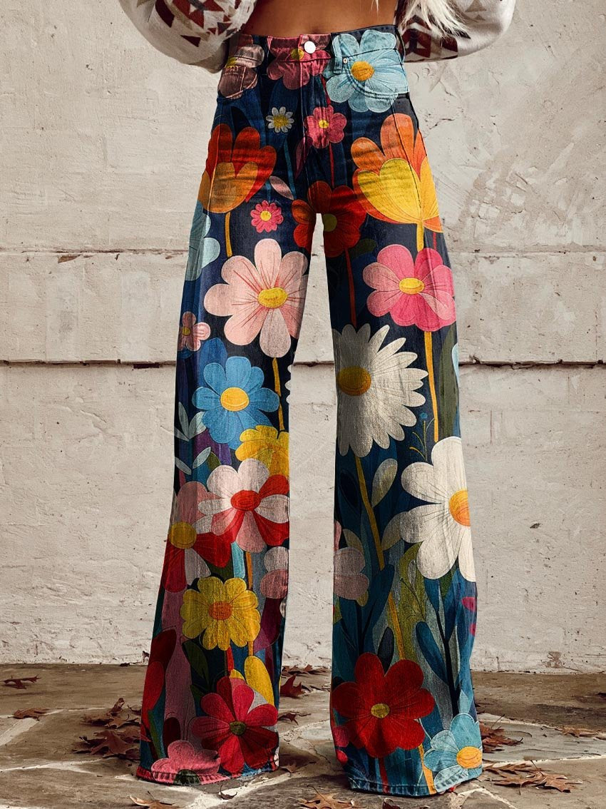 Pantaloni a Gamba Larga Donna con Stampa Floreale