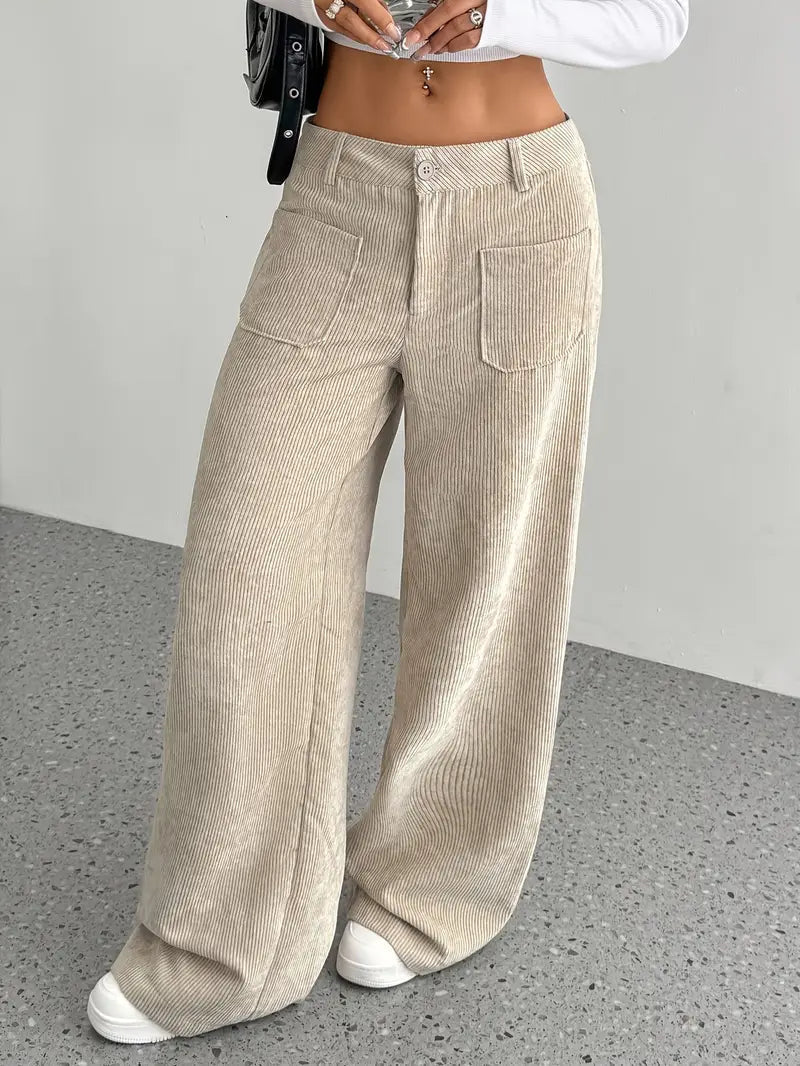 Pantaloni a Gamba Larga in Velluto a Coste Donna con Bottoni in Vita