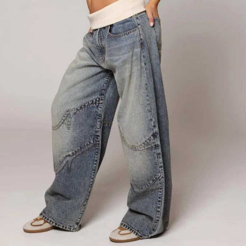 Jeans a Gamba Larga Donna con Fascia a Contrasto