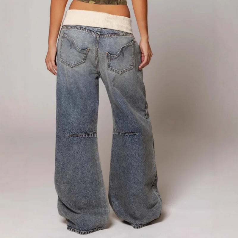 Jeans a Gamba Larga Donna con Fascia a Contrasto