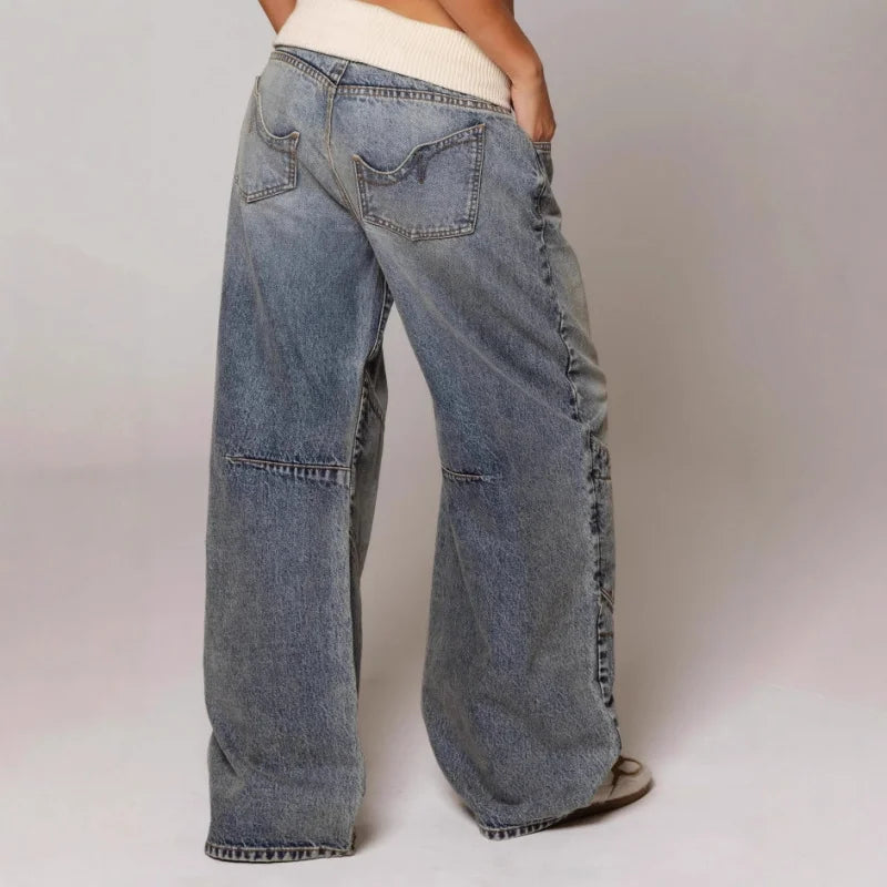 Jeans a Gamba Larga Donna con Fascia a Contrasto
