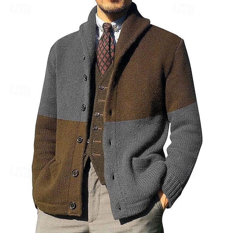 Cardigan Uomo a Blocchi di Colore con Collo a Scialle