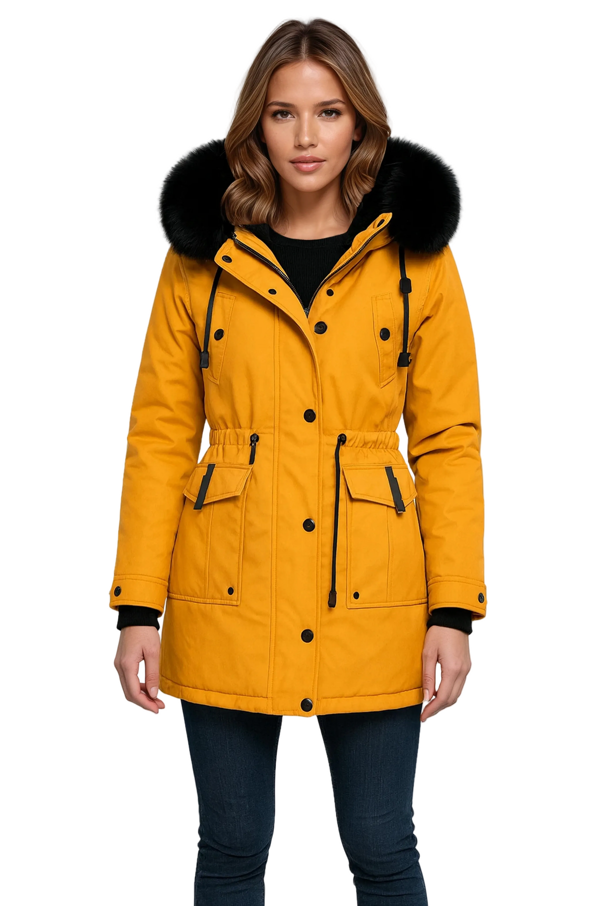Parka Invernale Donna con Cappuccio in Pelliccia Sintetica e Vita Regolabile