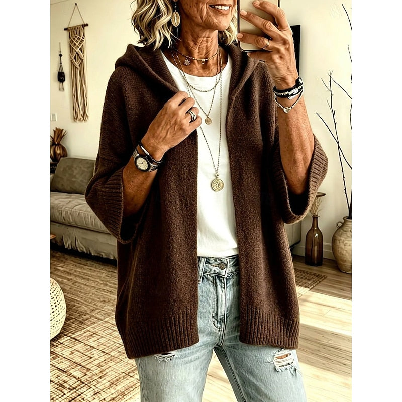 Cardigan Donna Lungo con Cappuccio e Apertura Frontale – Stile Cozy