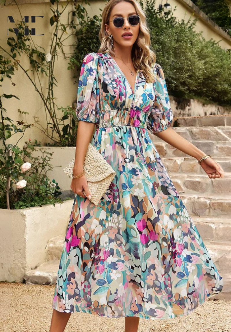 Jasmine | Abito Midi Floreale Scollo V da Cerimonia