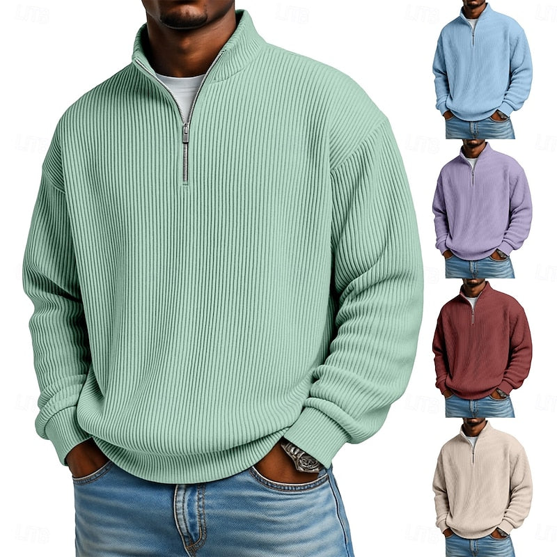 Pullover Uomo a Costine con Zip Corta – Vestibilità Confortevole